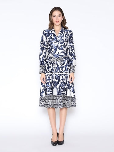 Floral Long Sleeve Lapel Collar Tie Belt  Dress