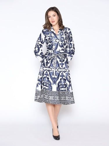 Floral Long Sleeve Lapel Collar Tie Belt  Dress