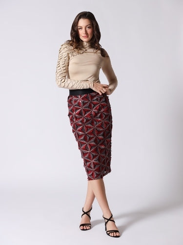 Sequin Beaded Pinwheel Motifs Banding Midi Skirt