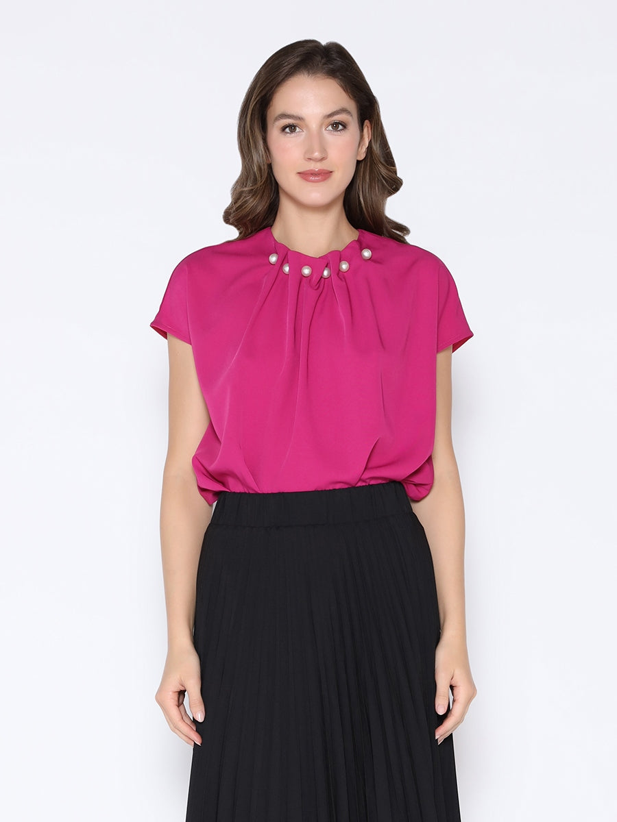 Pearl Embellished Neckline Short Sleeve Top