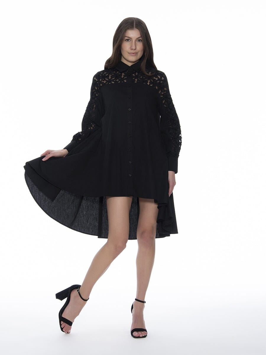 A-Line Long Embroidered Trim Shirt DRESS Gracia Fashion BLACK S 