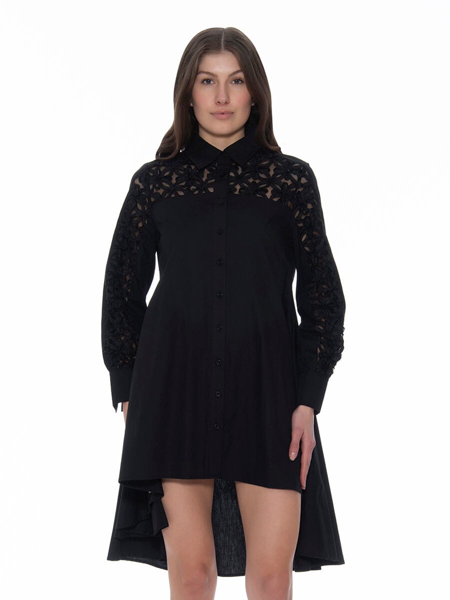 A-Line Long Embroidered Trim Shirt DRESS Gracia Fashion BLACK S 