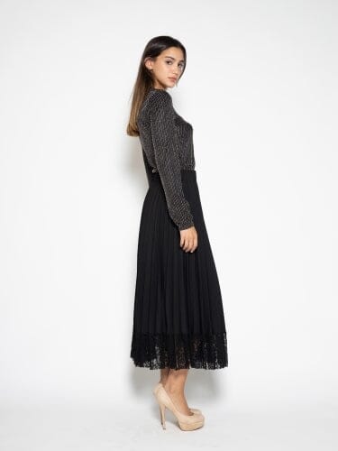 A-Line Pleated Skirt with Lace Trim SKIRT Gracia Fashion BLACK S 