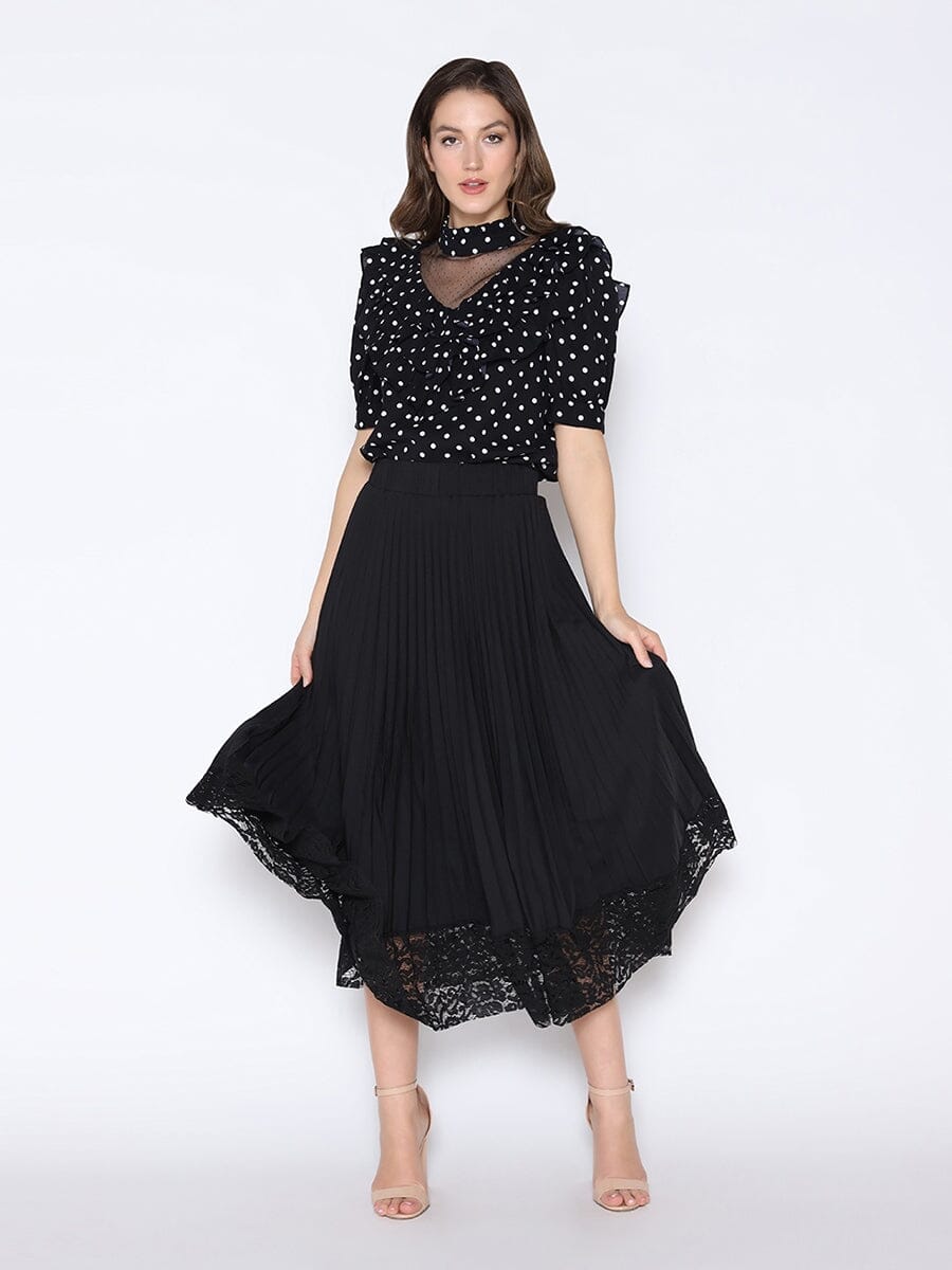 A-Line Pleated Skirt with Lace Trim SKIRT Gracia Fashion BLACK S 