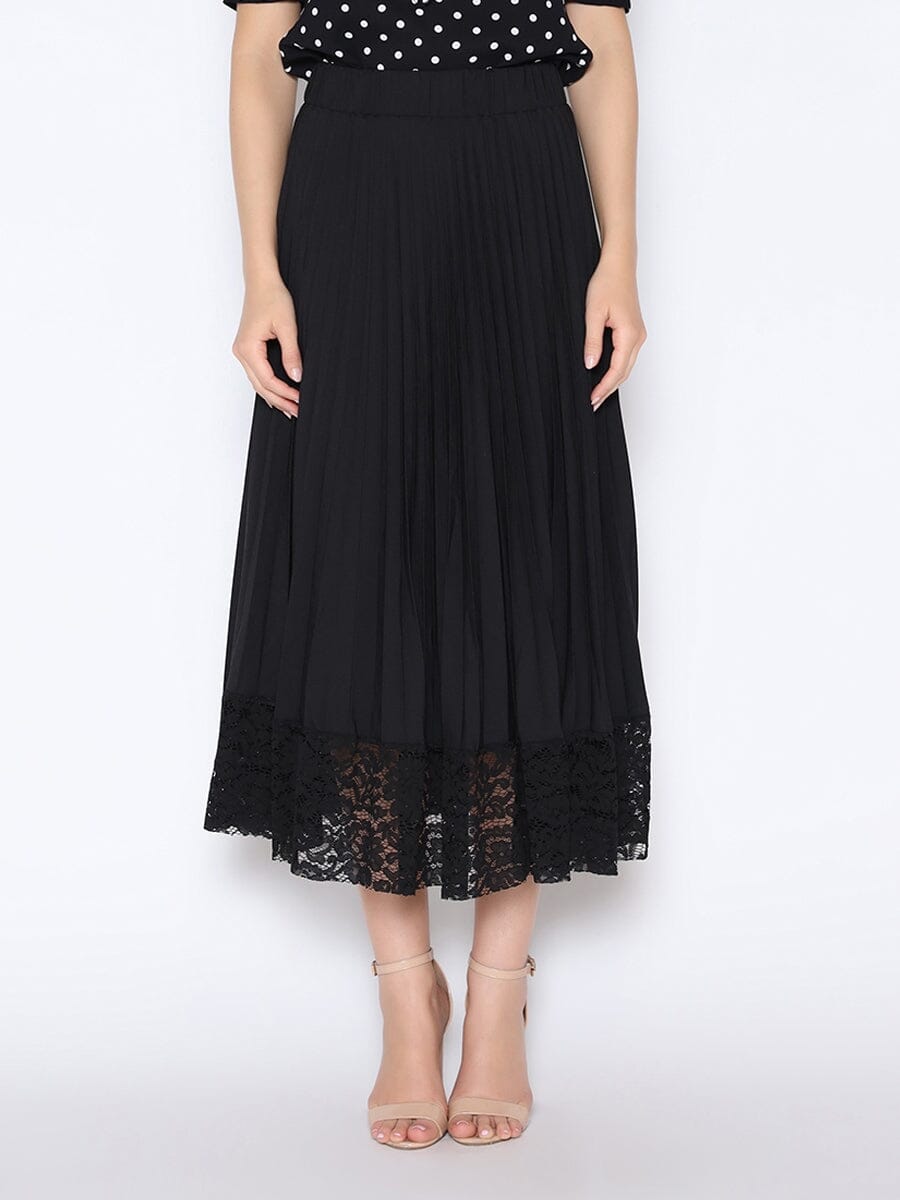 A-Line Pleated Skirt with Lace Trim SKIRT Gracia Fashion BLACK S 