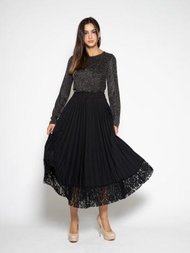 A-Line Pleated Skirt with Lace Trim SKIRT Gracia Fashion BLACK S 