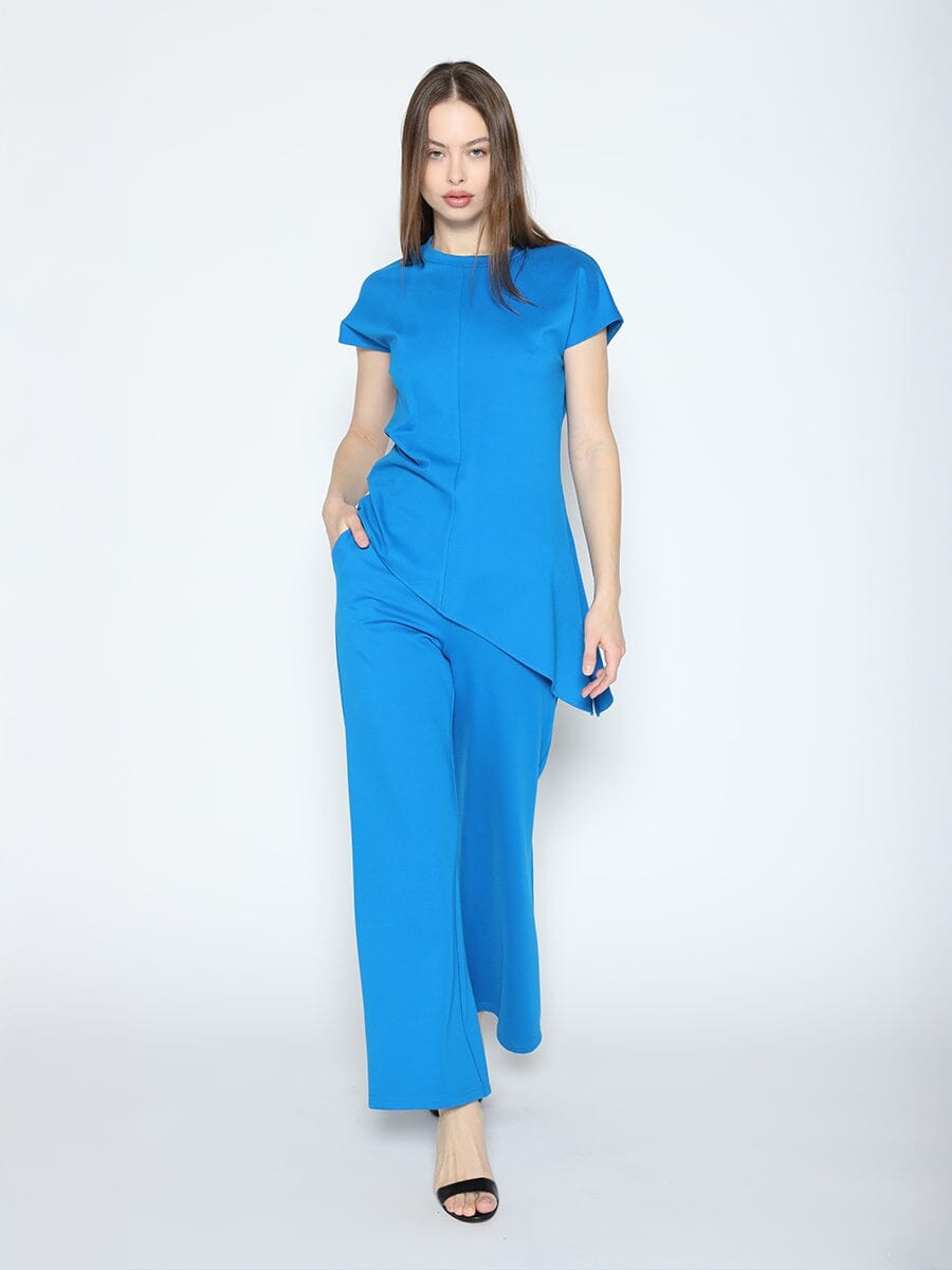 Asymmetric Cut Ruched-Side Top SET Gracia Fashion BLUE S 