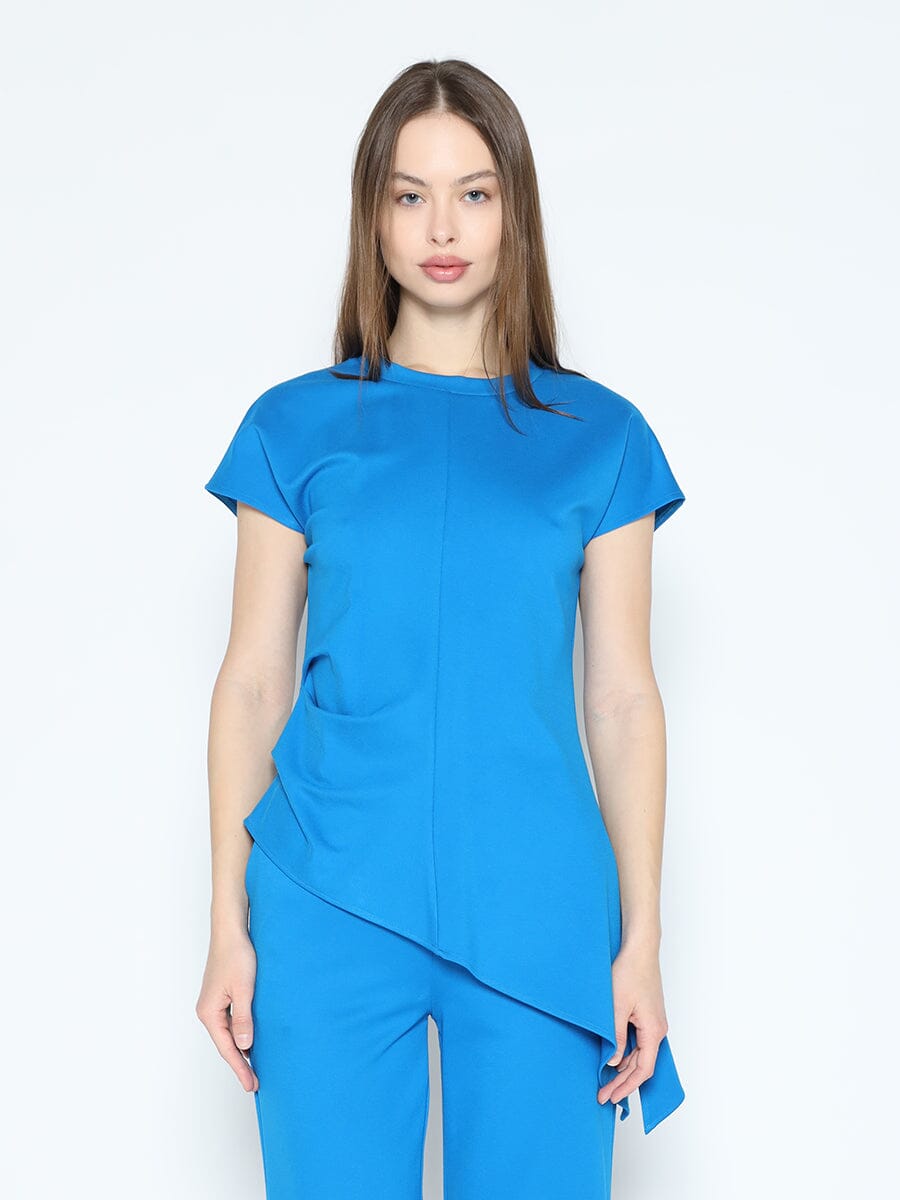 Asymmetric Cut Ruched-Side Top SET Gracia Fashion BLUE S 