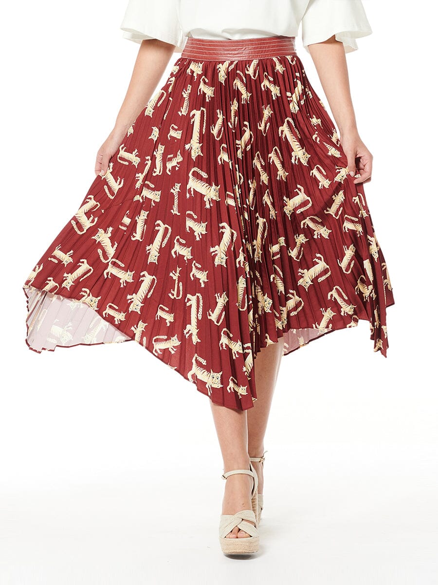 Asymmetric Printed Pleated Crepe Midi Skirt SKIRT Gracia Fashion BURGUNDY S 