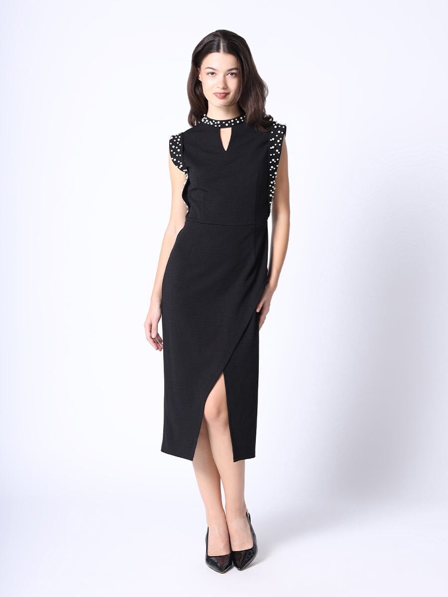 Bead-Embellished Sleeveless Surpliced Slit Dress DRESS Gracia Fashion BLACK S 