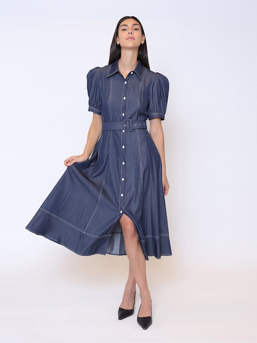 Belted Midi Button Down Collared Denim Dress DRESS Gracia Fashion DENIM S 