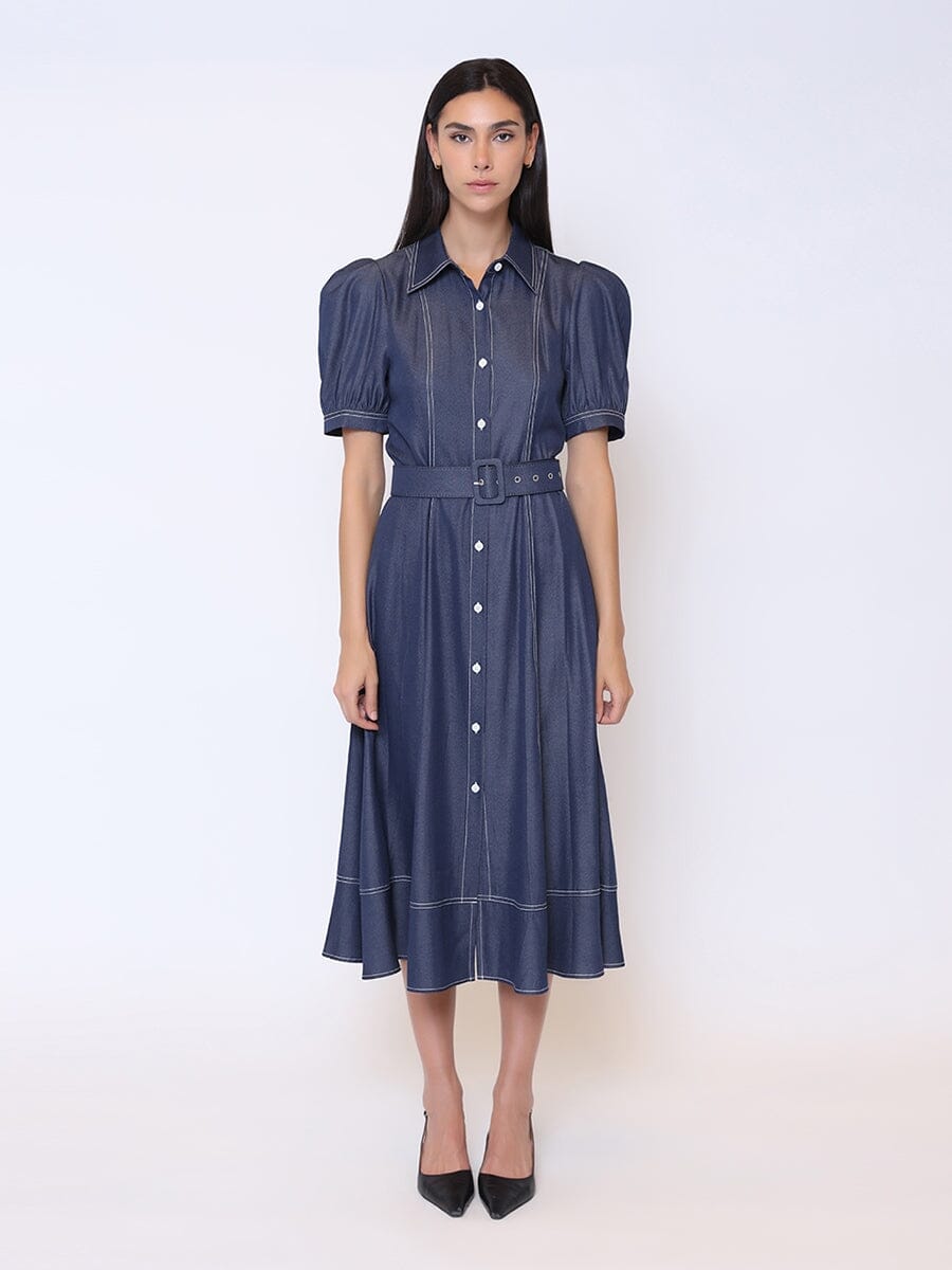 Belted Midi Button Down Collared Denim Dress DRESS Gracia Fashion DENIM S 