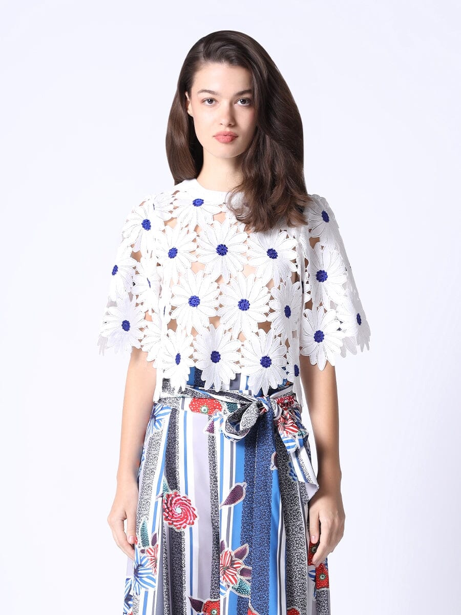 Big Flower Lace Top TOP Gracia Fashion WHITE/NAVY S 