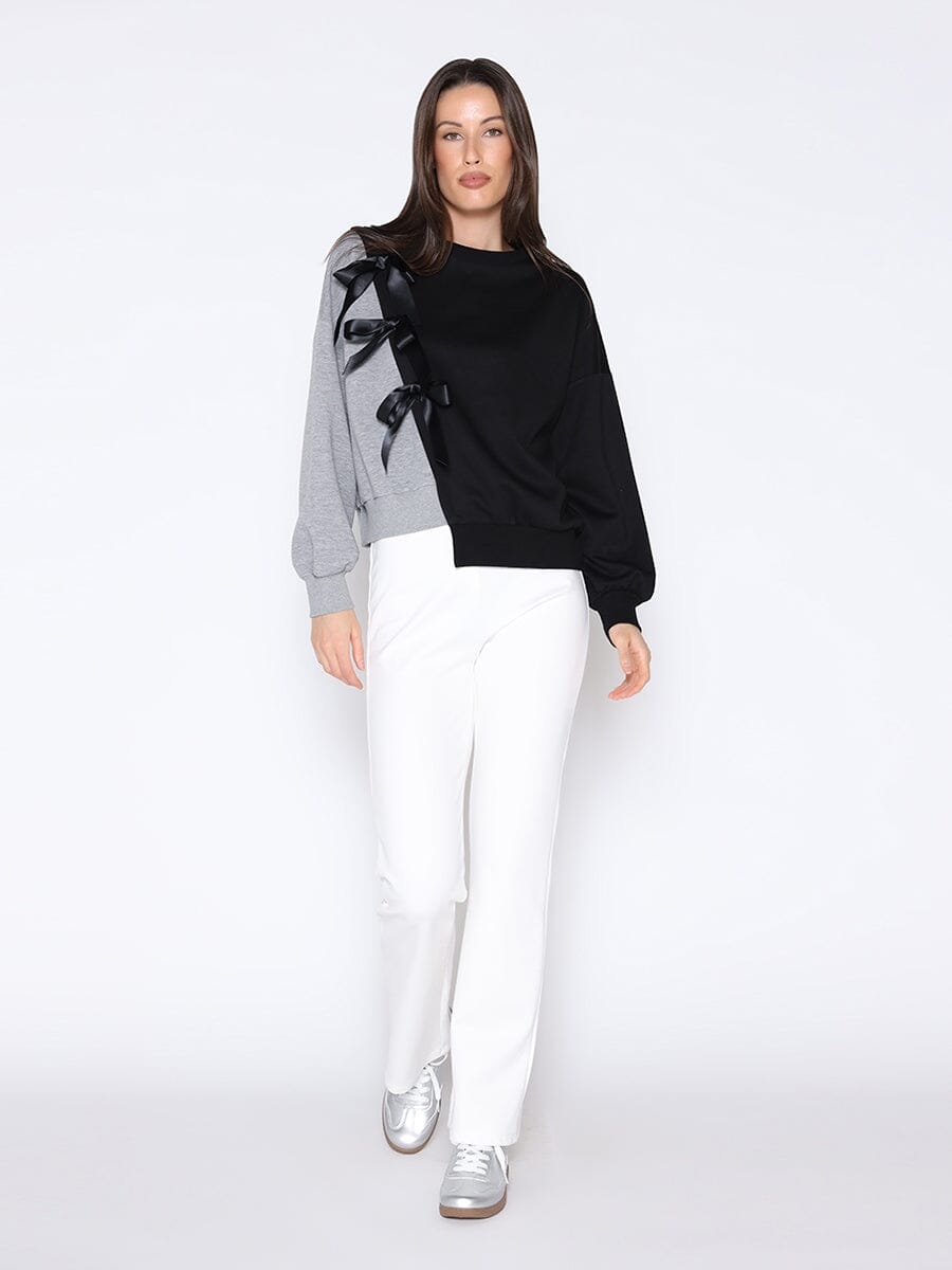 Bow Detailed Color Block Sweatshirt TOP Gracia Fashion BLACK/GREY S 