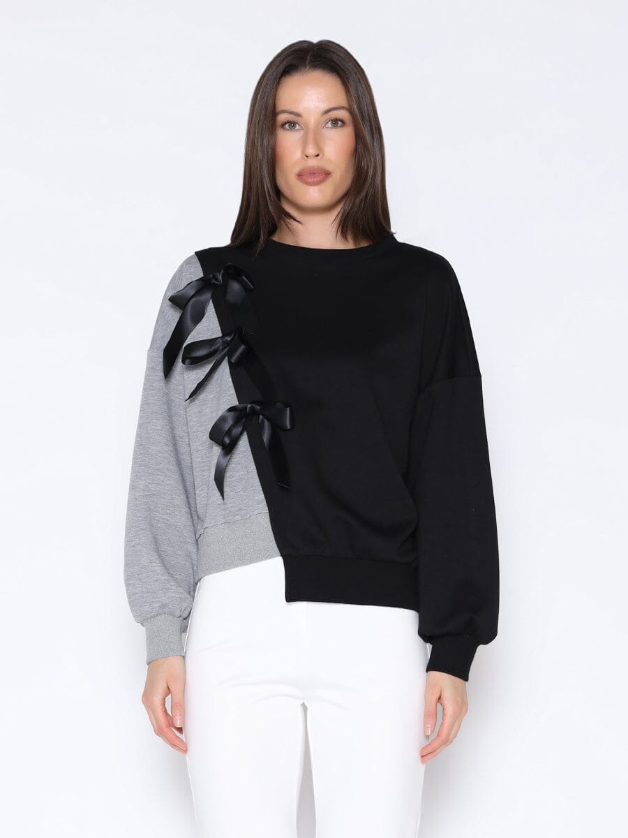 Bow Detailed Color Block Sweatshirt TOP Gracia Fashion BLACK/GREY S 