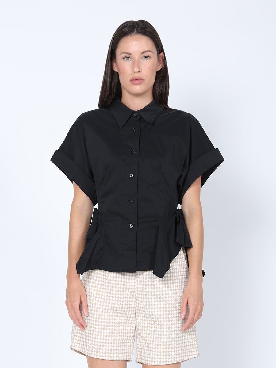 Bow Detailed Short Sleeve Shirt TOP Gracia Fashion BLACK S 