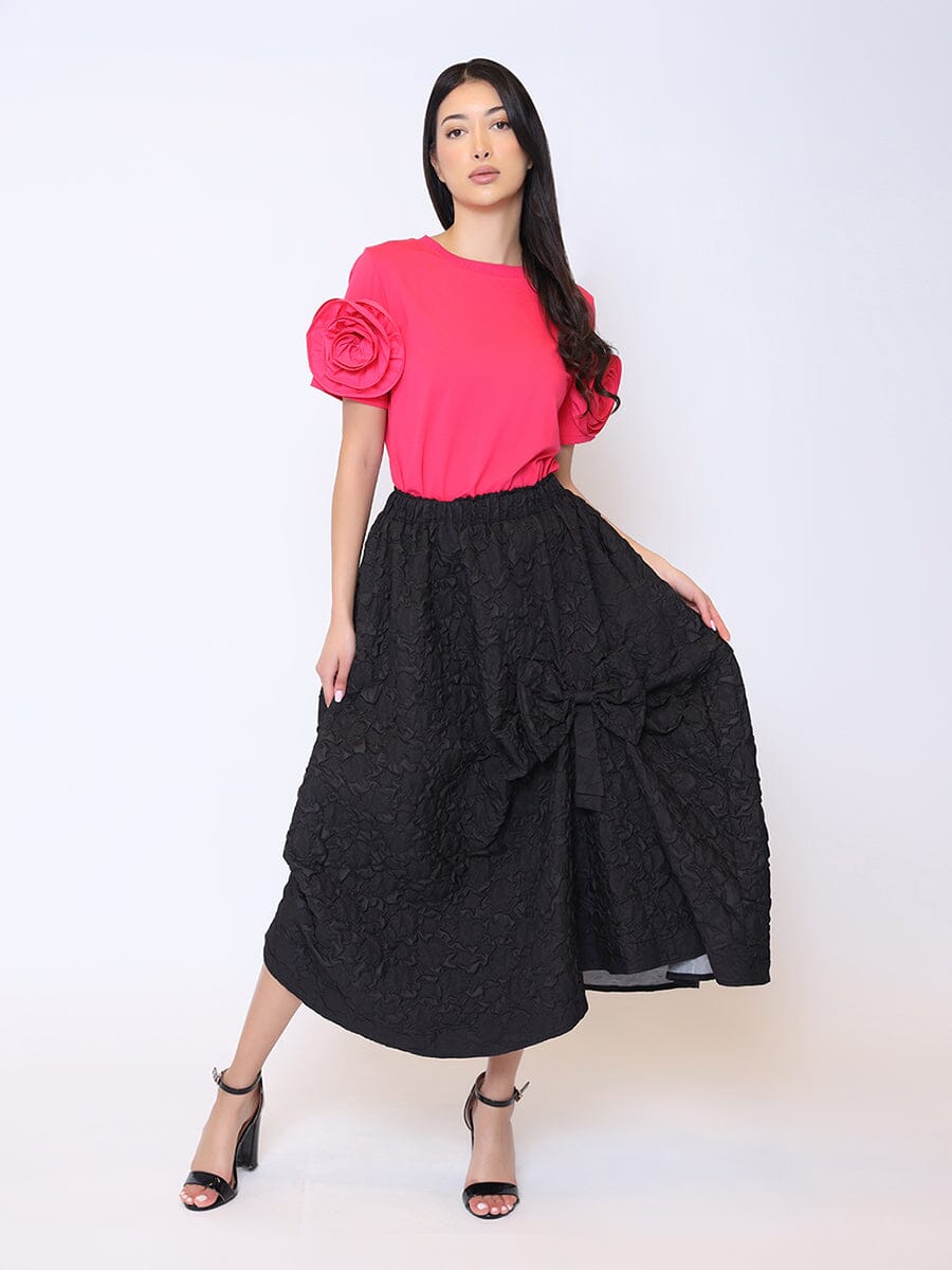 Bow Detailed Solid Print Skirt SKIRT Gracia Fashion BLACK S 