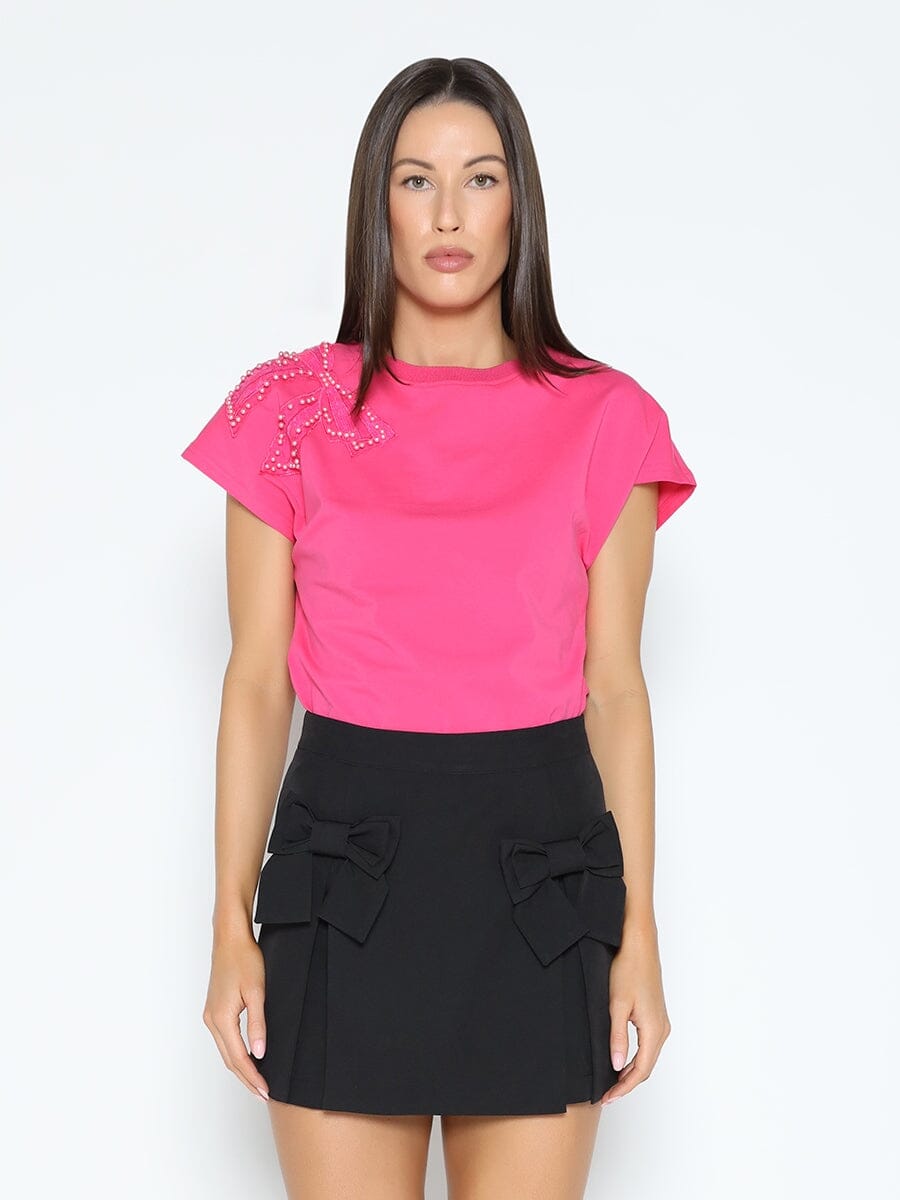 Bow Knot Beaded Patch Ruched Sides T-Shirt TOP Gracia Fashion FUSHIA S 