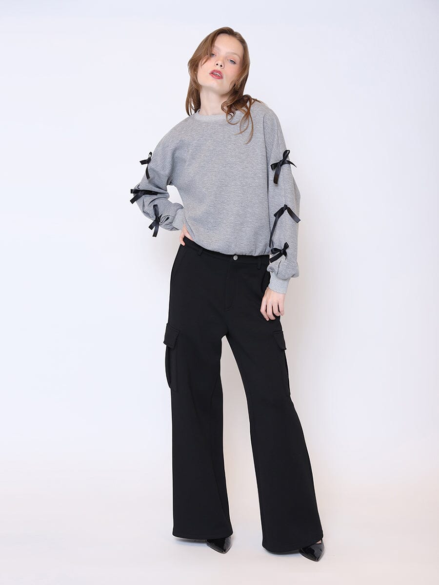 Bow Sleeve Sweatshirt TOP Gracia Fashion GREY S 