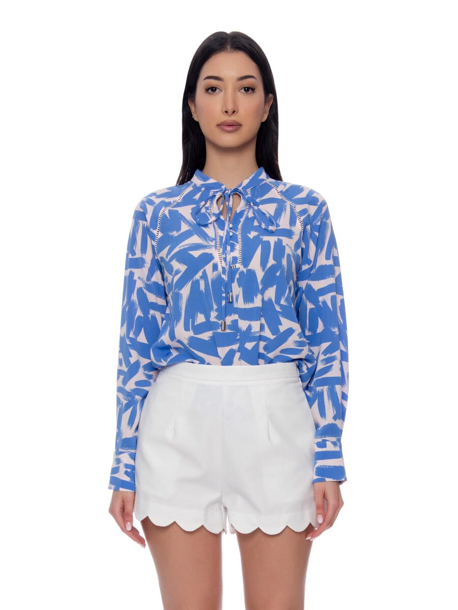 Brush Stroke Print Long Cuff Sleeve Tie-Neck Top TOP Gracia Fashion BLUE S 