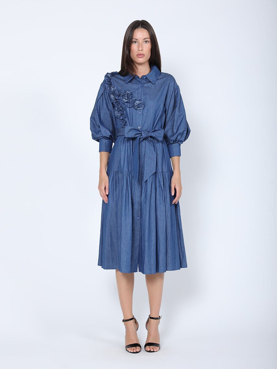 Button-Down Belted Quarter Sleeve Denim Dress DRESS Gracia Fashion DENIM BLUE S 