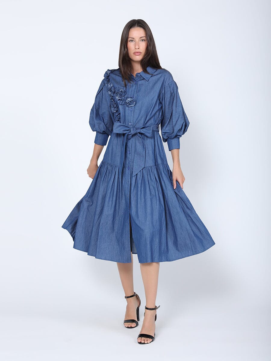 Button-Down Belted Quarter Sleeve Denim Dress DRESS Gracia Fashion DENIM BLUE S 