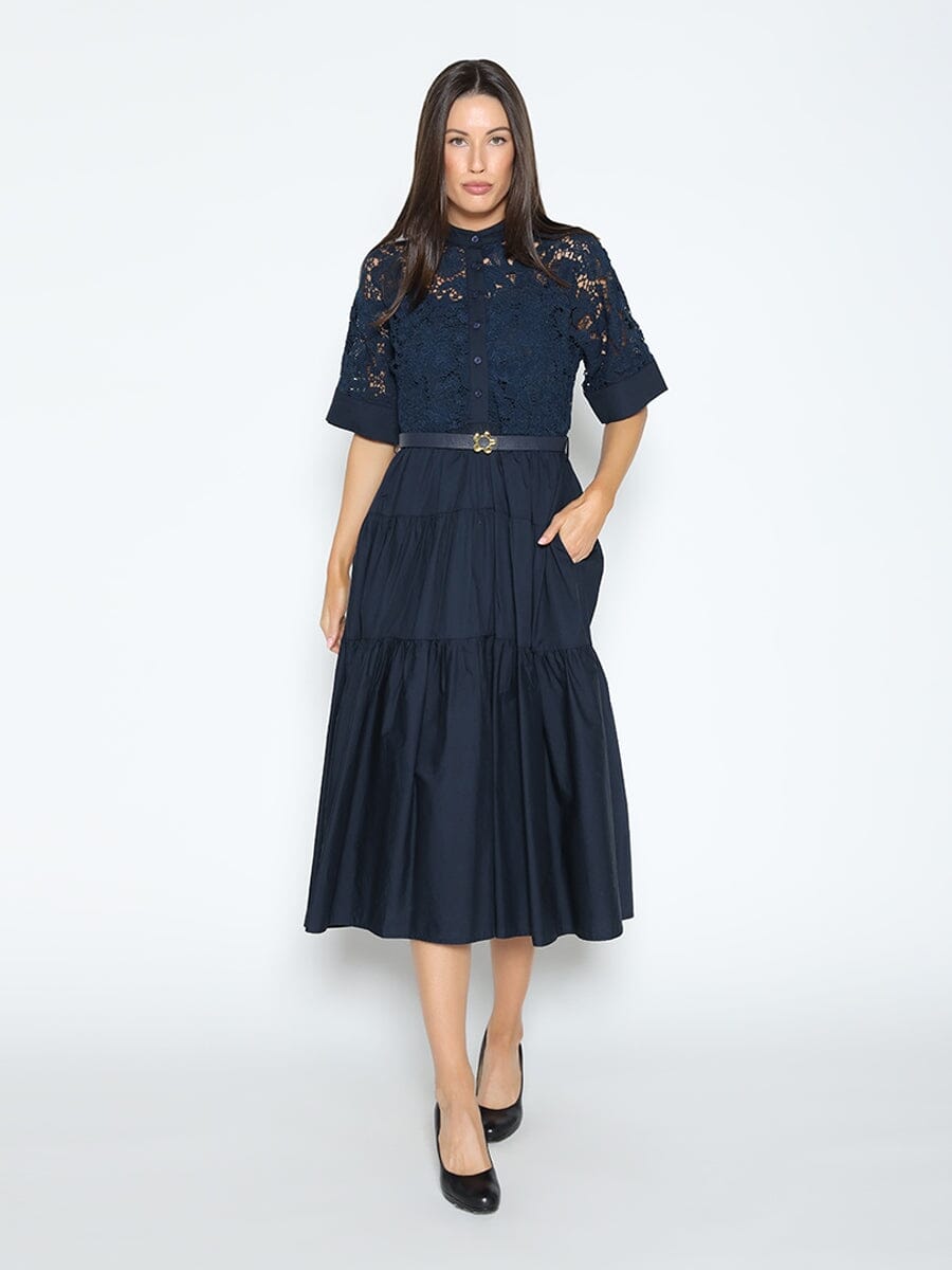 Button Front Short Sleeve Buckle Belt Lace Dress DRESSES Gracia Fashion NAVY S 