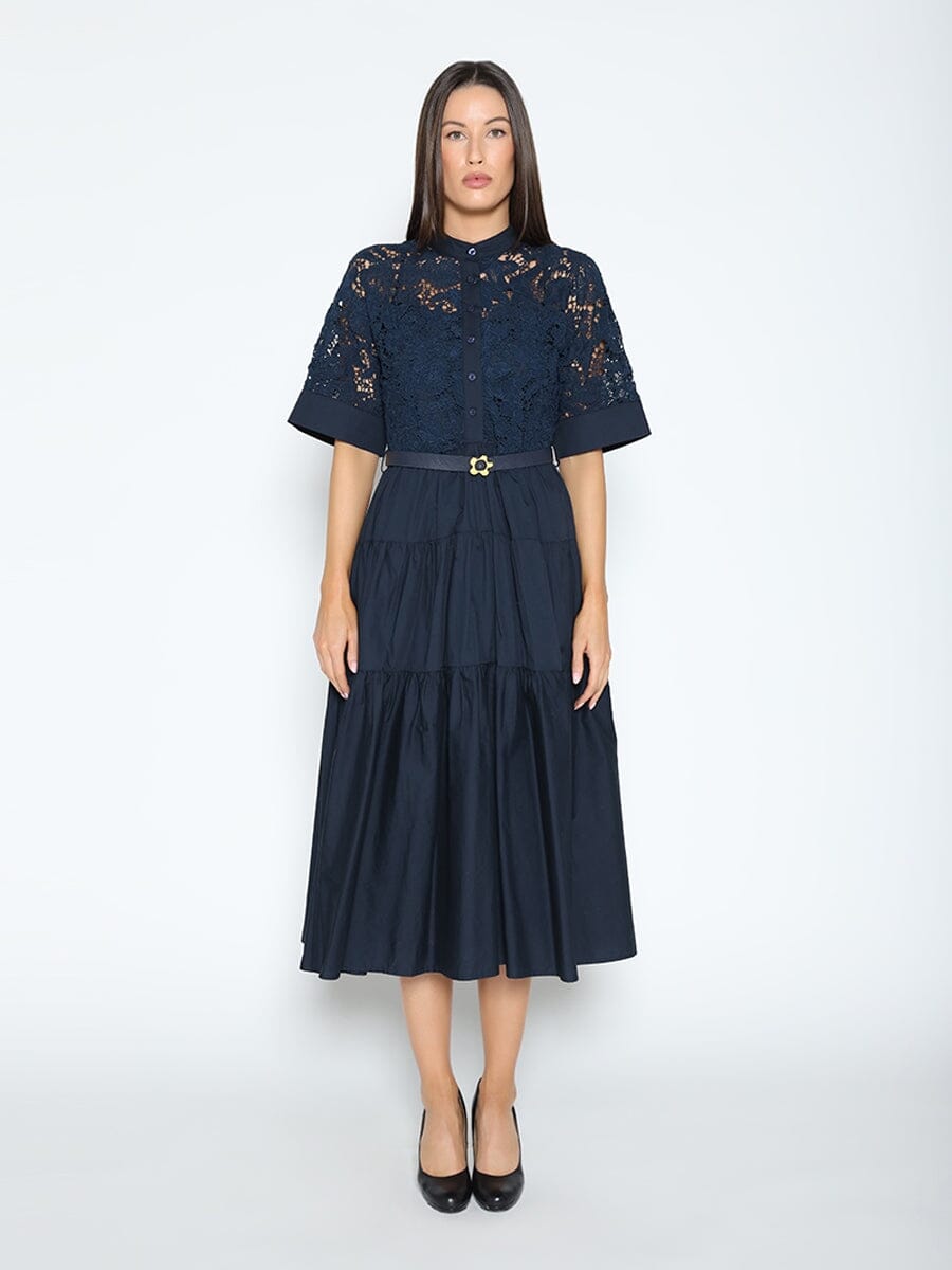 Button Front Short Sleeve Buckle Belt Lace Dress DRESSES Gracia Fashion NAVY S 