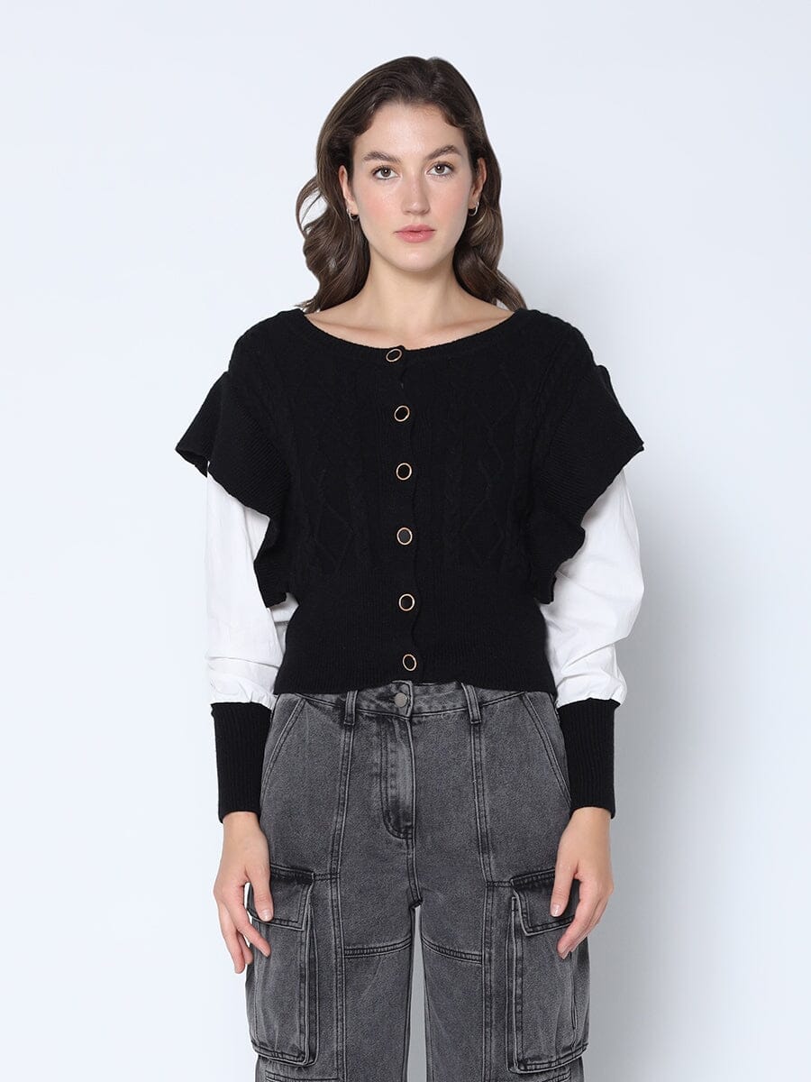 Button Spliced Long Sleeve Sweater Combo SWEATERS Gracia Fashion BLACK S 