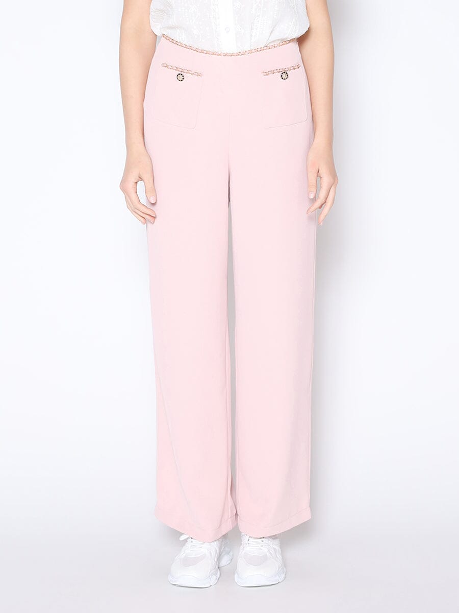 Chain Embellished Waistline Wide Leg Pants PANTS Gracia Fashion PINK S 