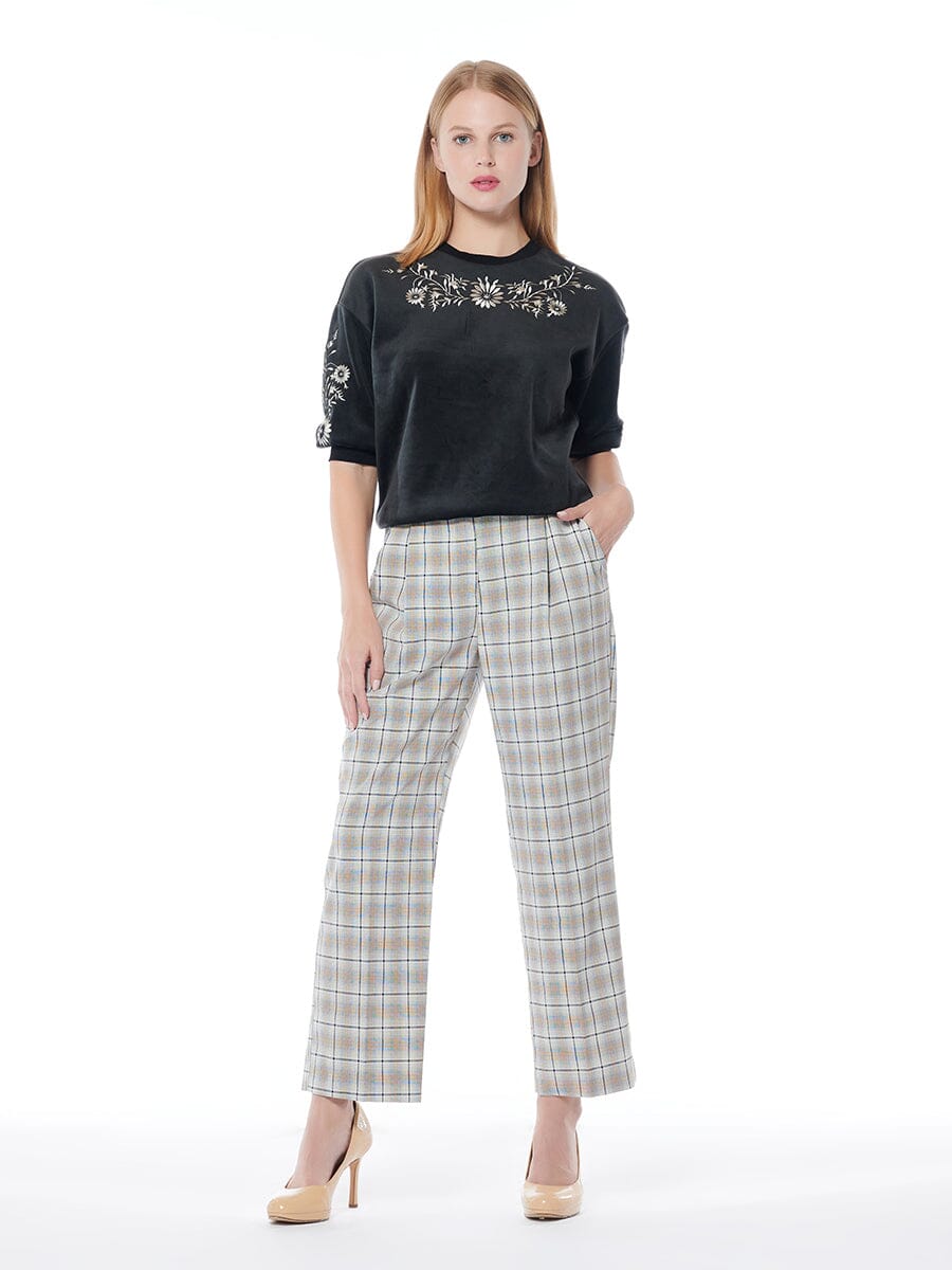 Check Pattern Straight Fit Pants PANTS Gracia Fashion BEIGE S 