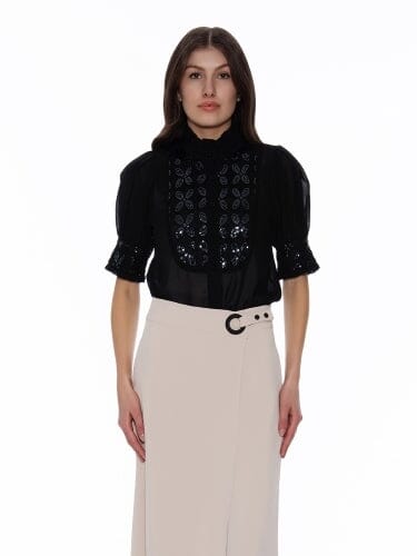 Sheer Polka-Dot Top w/Long Balloon Cuffed Sleeves - Gracia Fashion