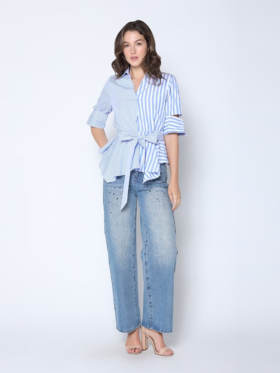 Contrast Stripe Belted Quarter Sleeve Shirt TOP Gracia Fashion BLUE S 