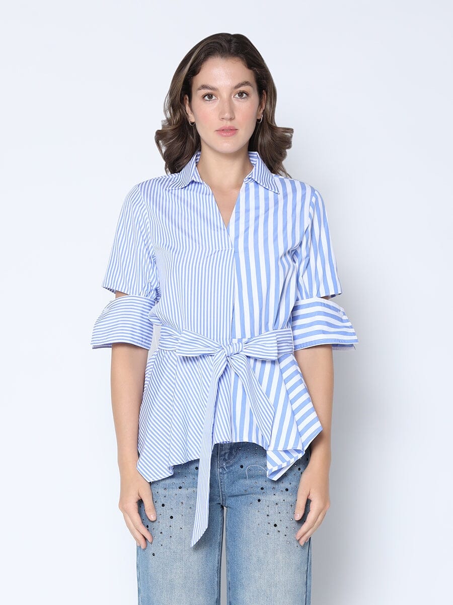 Contrast Stripe Belted Quarter Sleeve Shirt TOP Gracia Fashion BLUE S 