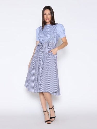 Contrast Stripe Front Side Tie Short Sleeve Dress DRESS Gracia Fashion BLUE S 