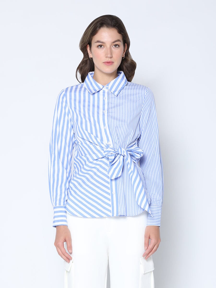 Contrast Stripe Long Sleeve Side Tie Shirt TOP Gracia Fashion BLUE S 