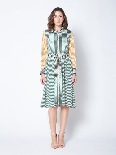 Contrast Stripe Long Sleeve Tie Belted Dress DRESS Gracia Fashion ORANGE/GREEN S 