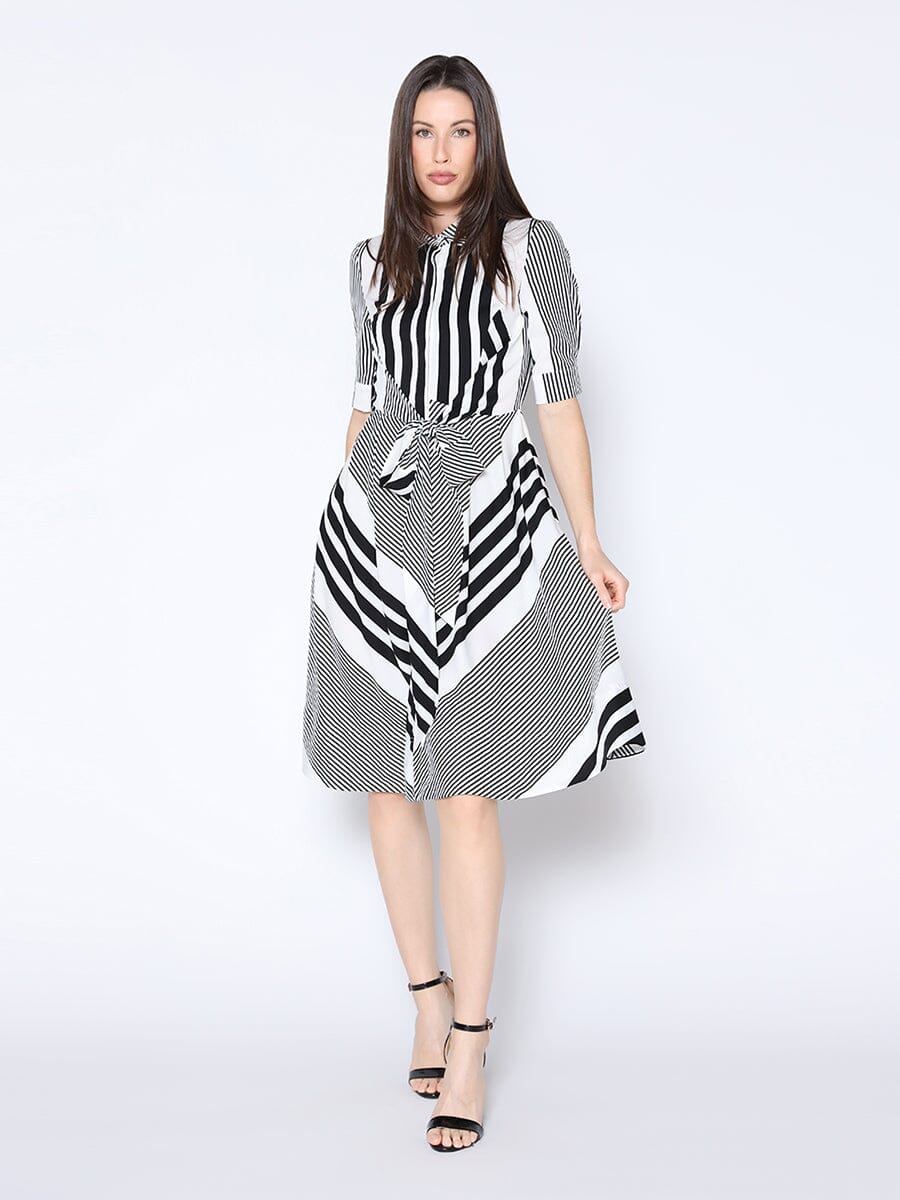 Contrast Striped Front Tie Belt Dress DRESS Gracia Fashion WHITE/BLACK S 