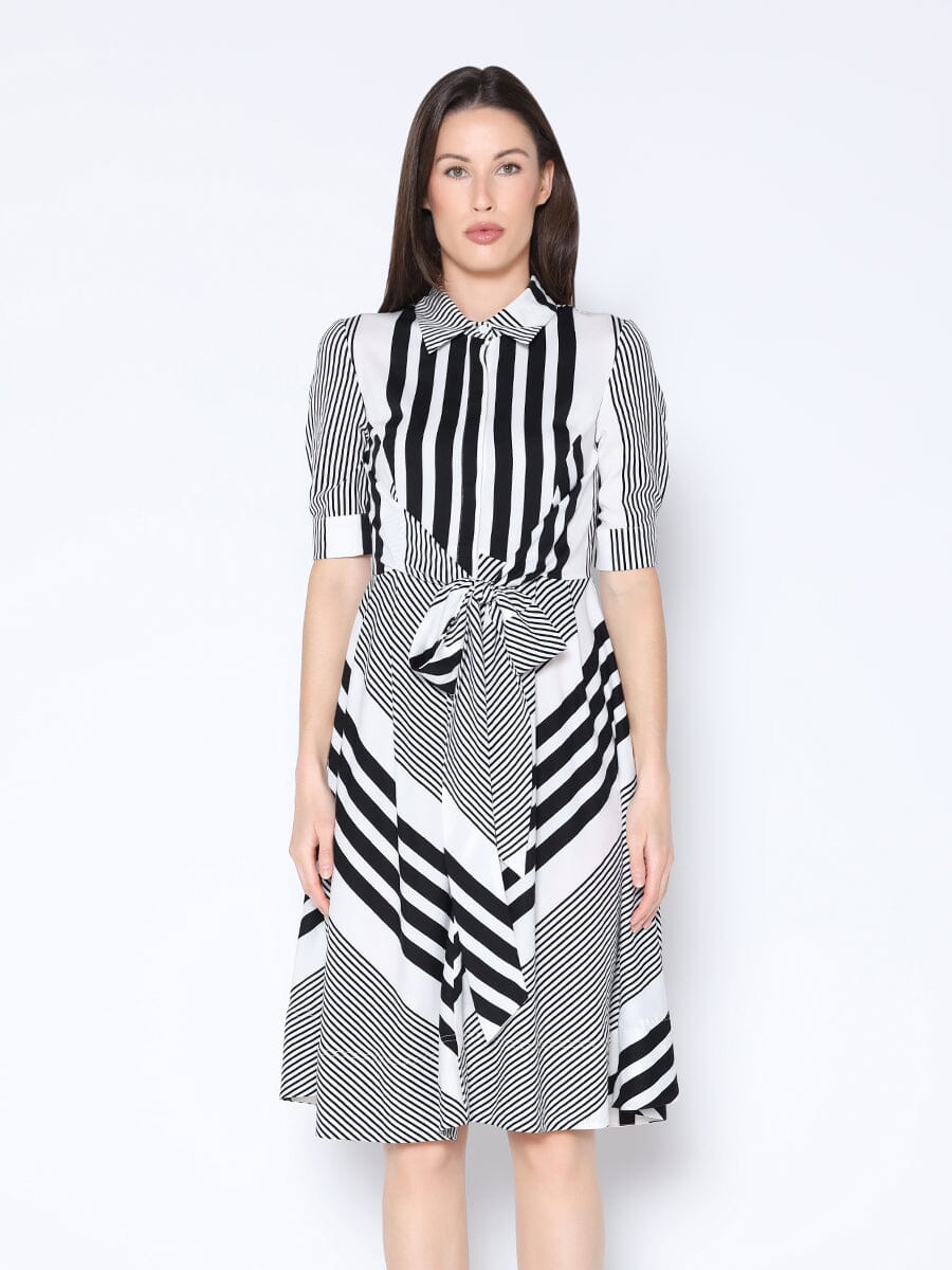 Contrast Striped Front Tie Belt Dress DRESS Gracia Fashion WHITE/BLACK S 