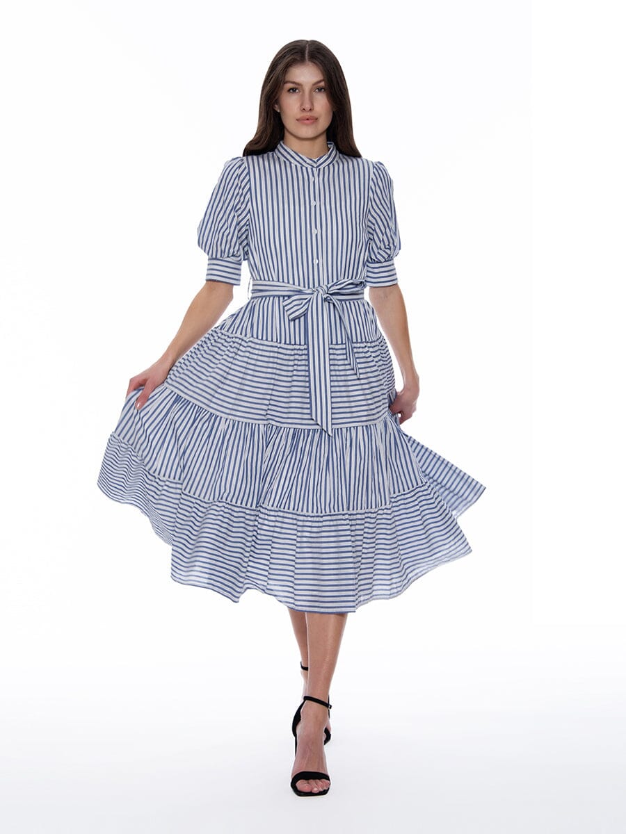 Contrast Striped Tie-Belted High Neck Dress DRESSES Gracia Fashion BLUE S 