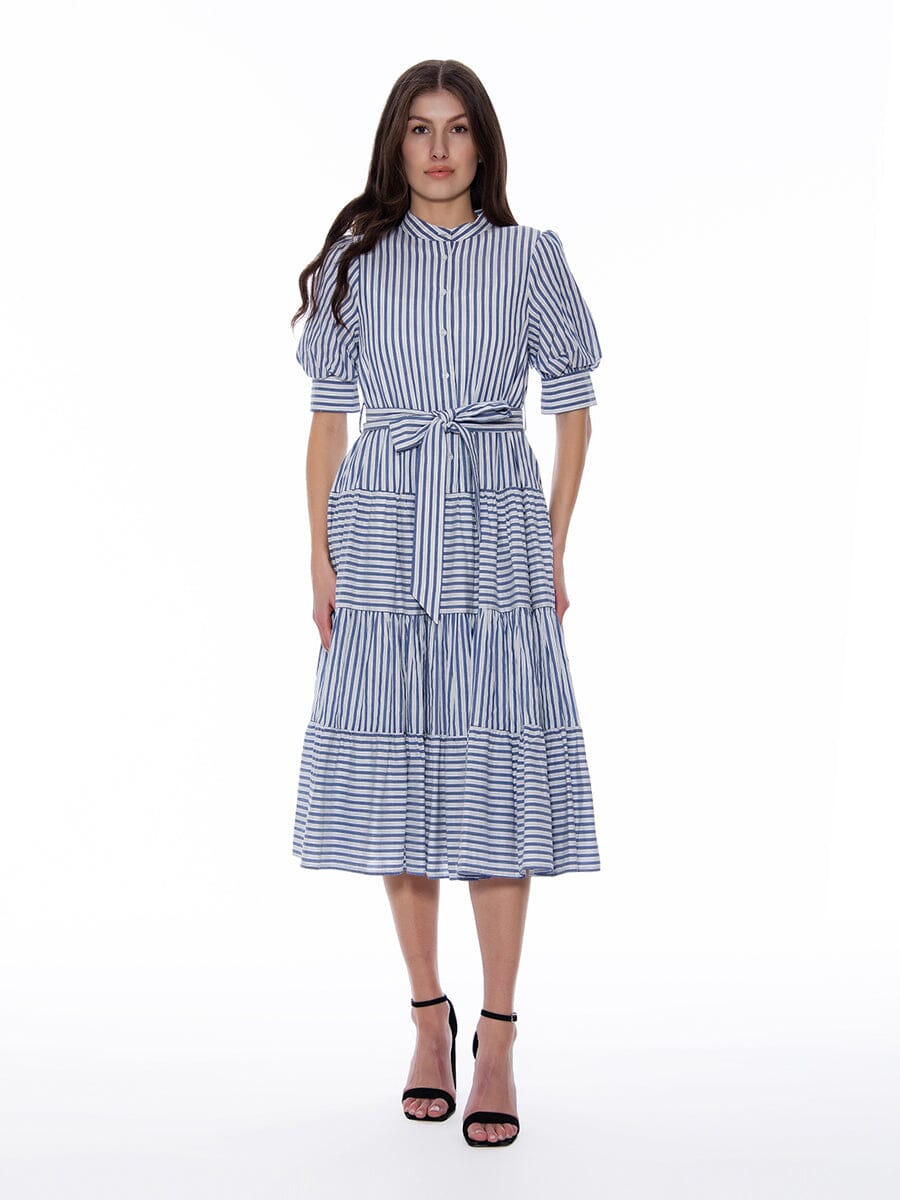 Contrast Striped Tie-Belted High Neck Dress DRESSES Gracia Fashion BLUE S 