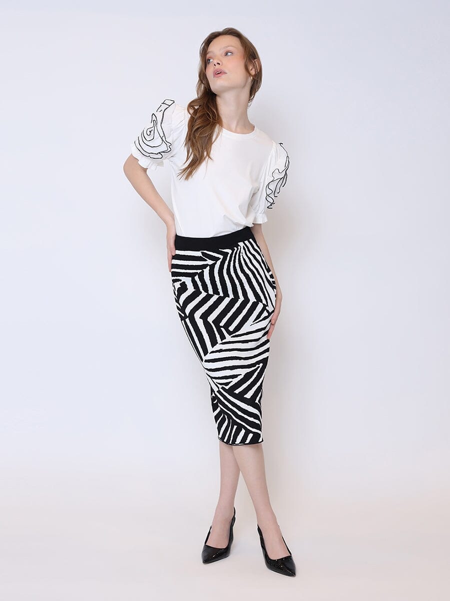 Contrast Zebra Print Back Slit Mini Knit Skirt SKIRT Gracia Fashion WHITE/BLACK S 