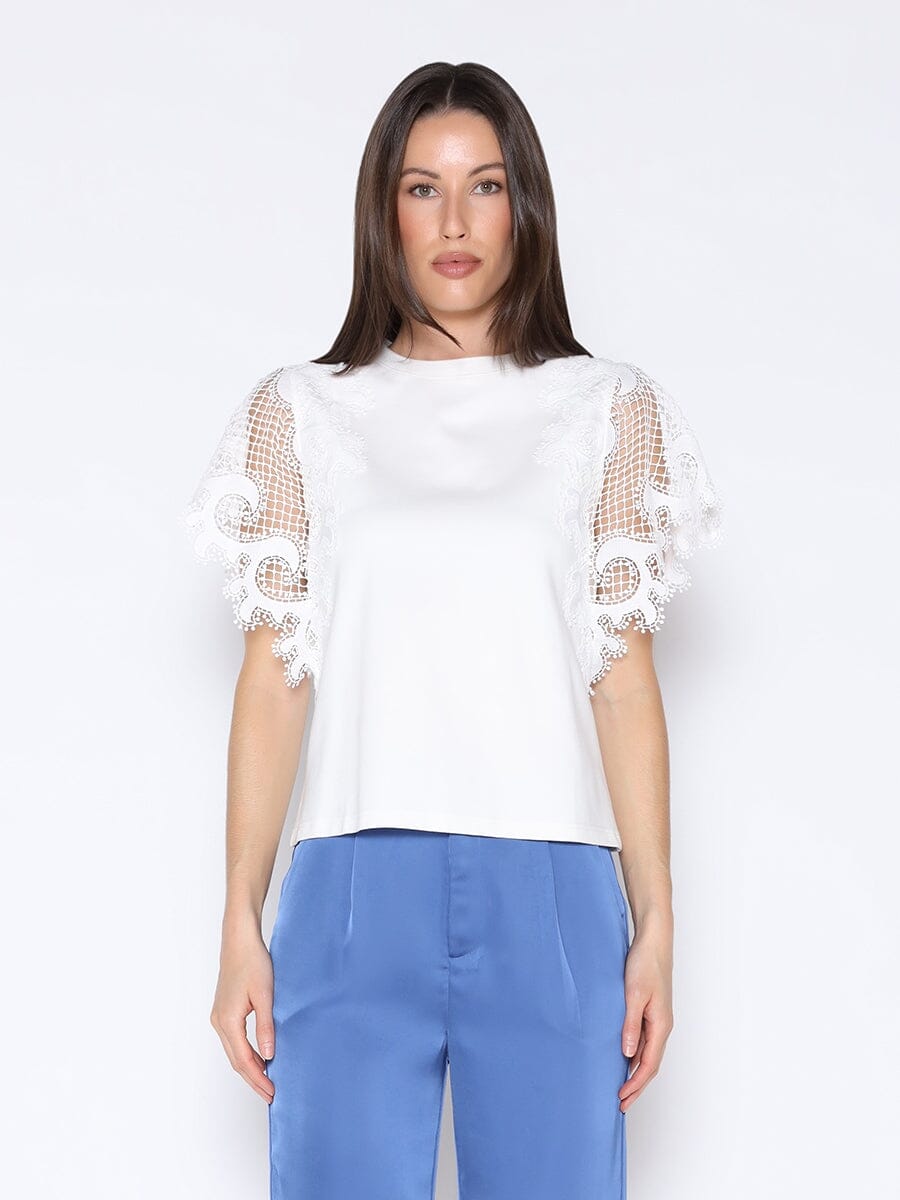 Crchet Lace Sleeve T-Shirt TOP Gracia Fashion WHITE S 