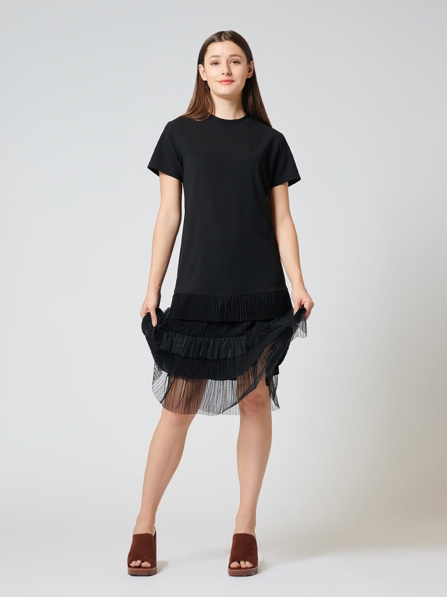 Crew Neck Fringed Bottom Spliced Shift Dress DRESS Gracia Fashion BLACK S 