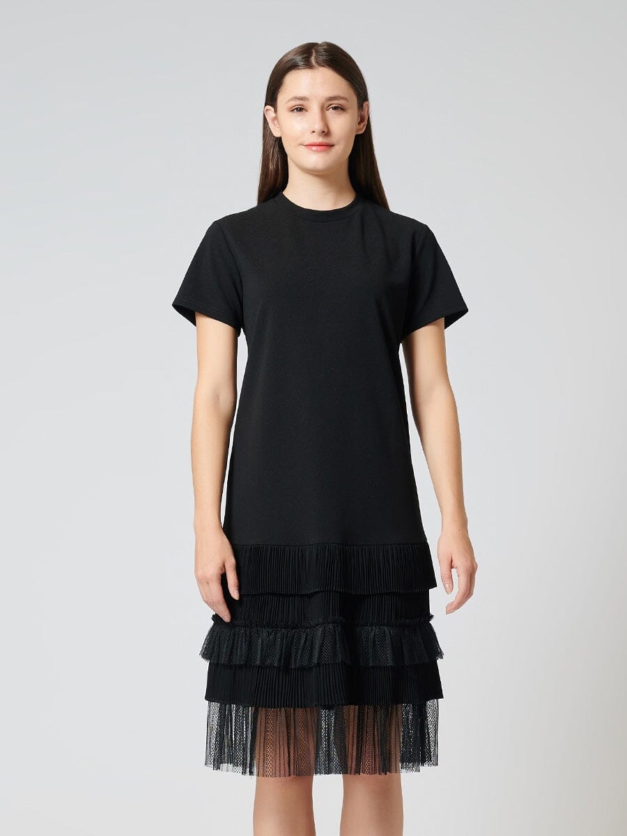 Crew Neck Fringed Bottom Spliced Shift Dress DRESS Gracia Fashion BLACK S 