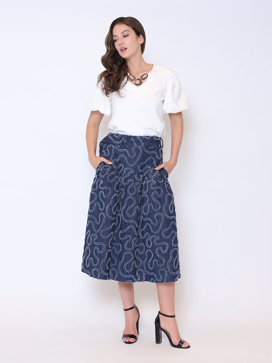 Denim Distress Print Skirt with Belt SKIRT Gracia Fashion DARK DENIM S 