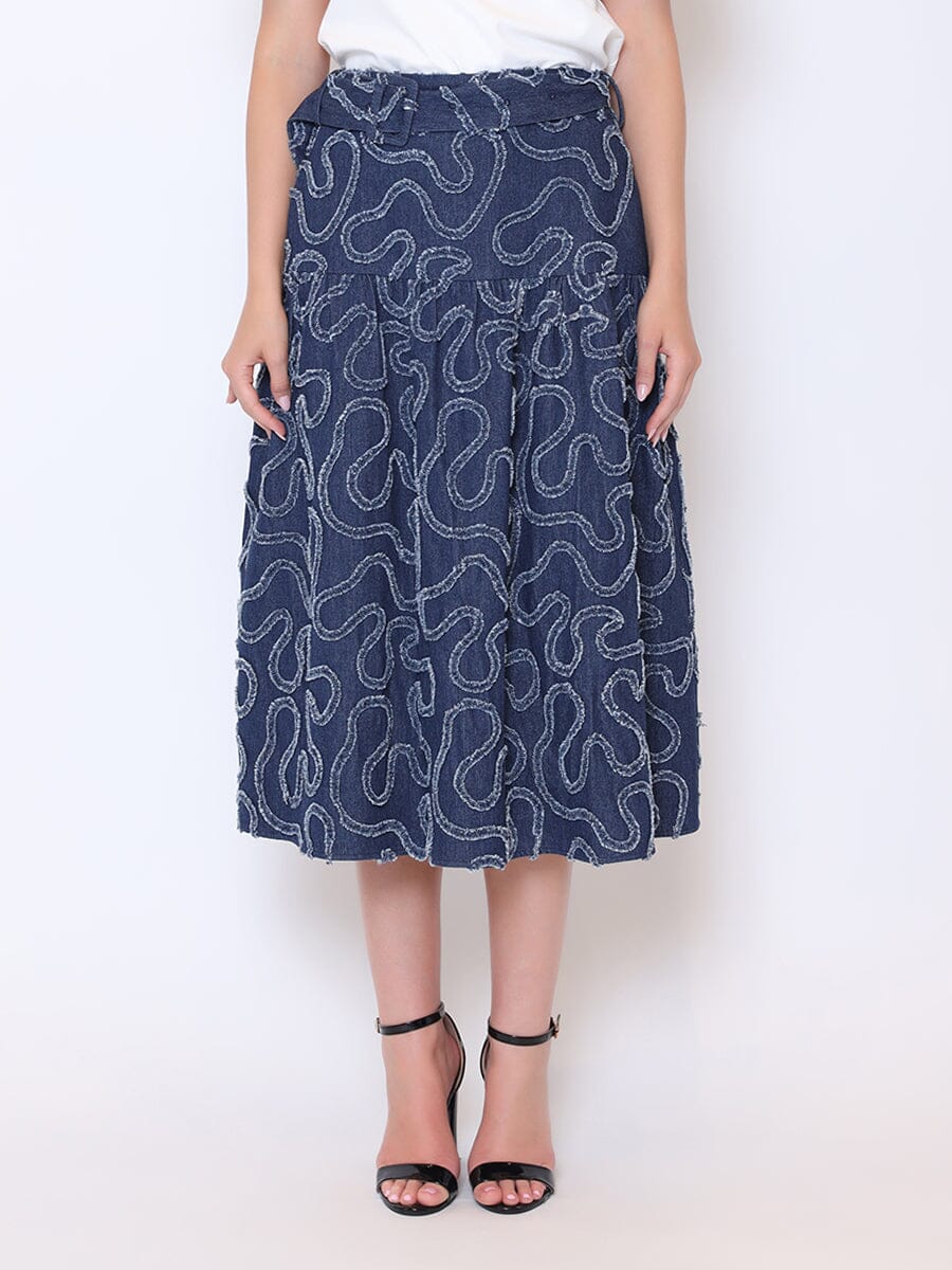 Denim Distress Print Skirt with Belt SKIRT Gracia Fashion DARK DENIM S 