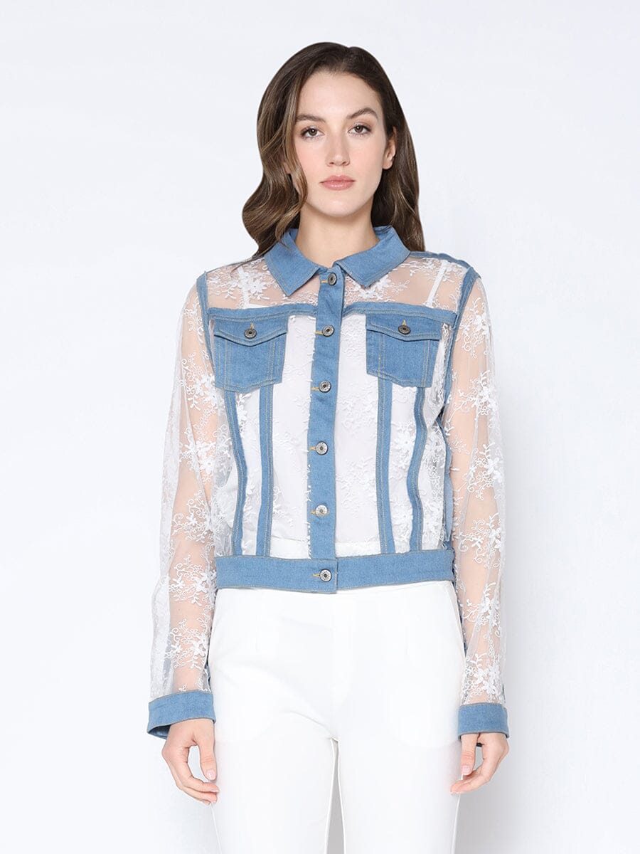 Denim Jacket with See-Through Lace Contrast JACKET Gracia Fashion BLUE S 