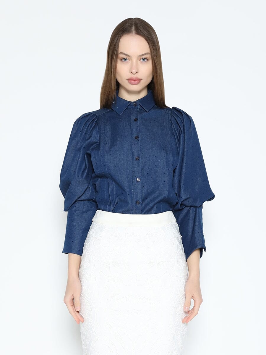 Denim Long Puff Sleeve Pleated Denim Blouse TOP Gracia Fashion DENIM S 