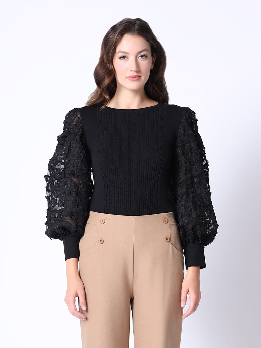 Embroidery Long Puff Sleeves Knitted Top TOP Gracia Fashion BLACK S 